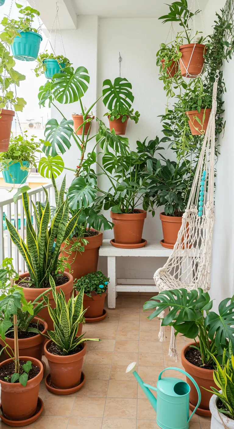 Balkon vol met planten in terracotta en turquoise potten, met een kleine macramé hangstoel.