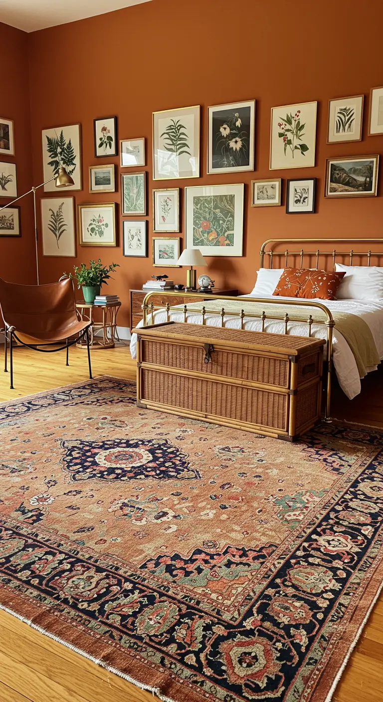 Slaapkamer met terracotta muur en een galerijwand vol botanische prenten.