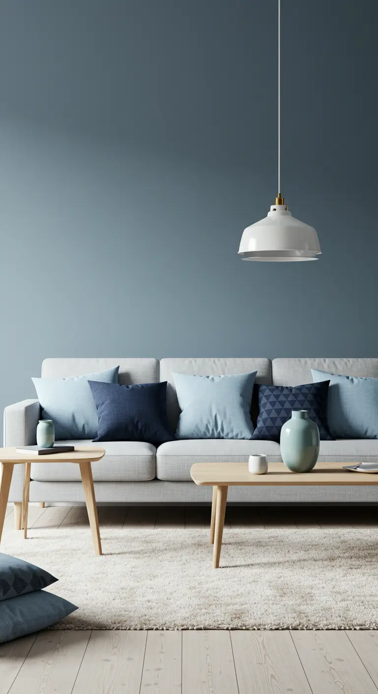 Minimalistische woonkamer met een vergrijsd blauwe muur en een lichtgrijze bank.