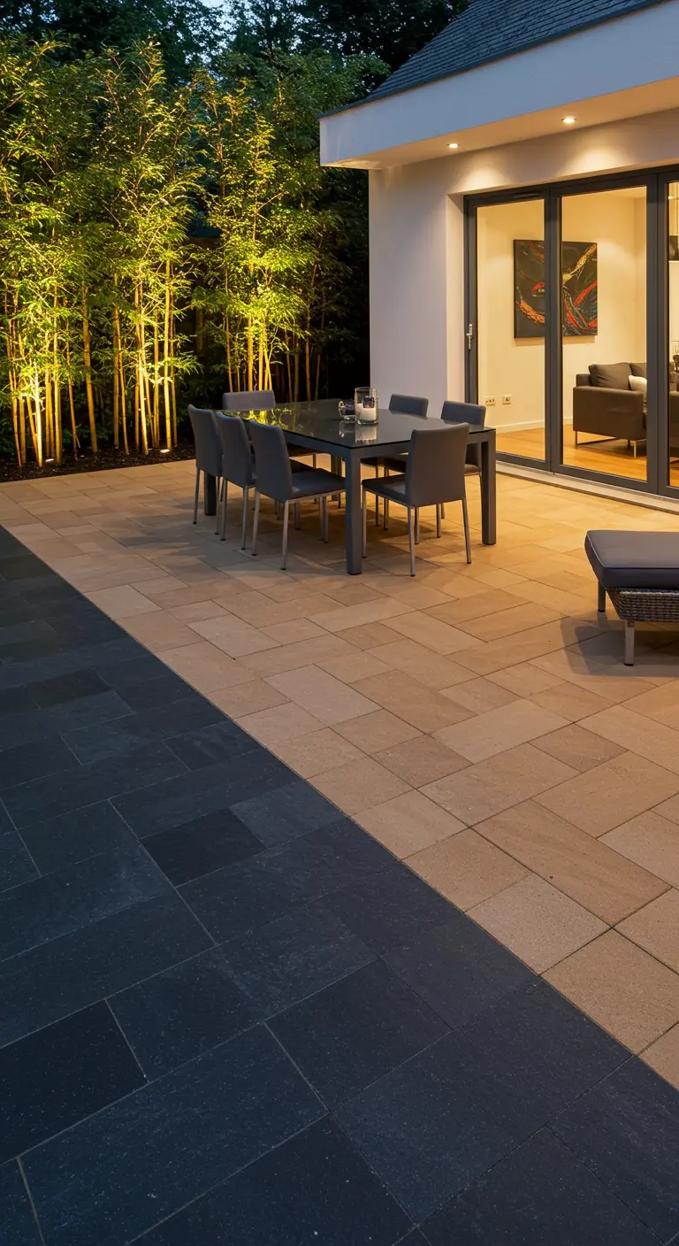 Modern terras met een donkergrijs tegelgedeelte en een lichter zandkleurig tegelgedeelte.