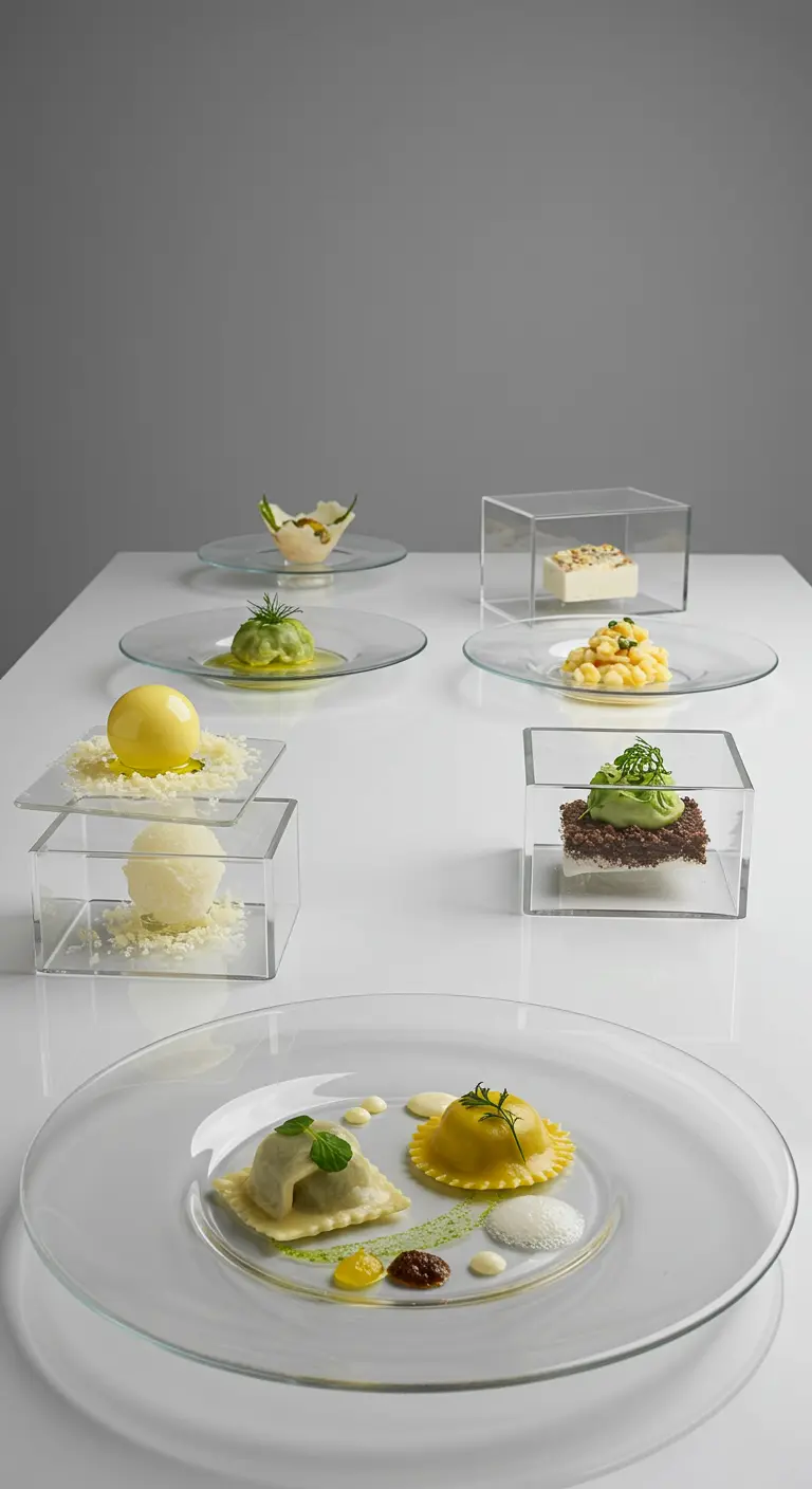 Minimalistisch buffet met kleine, artistieke gerechten op glazen borden.