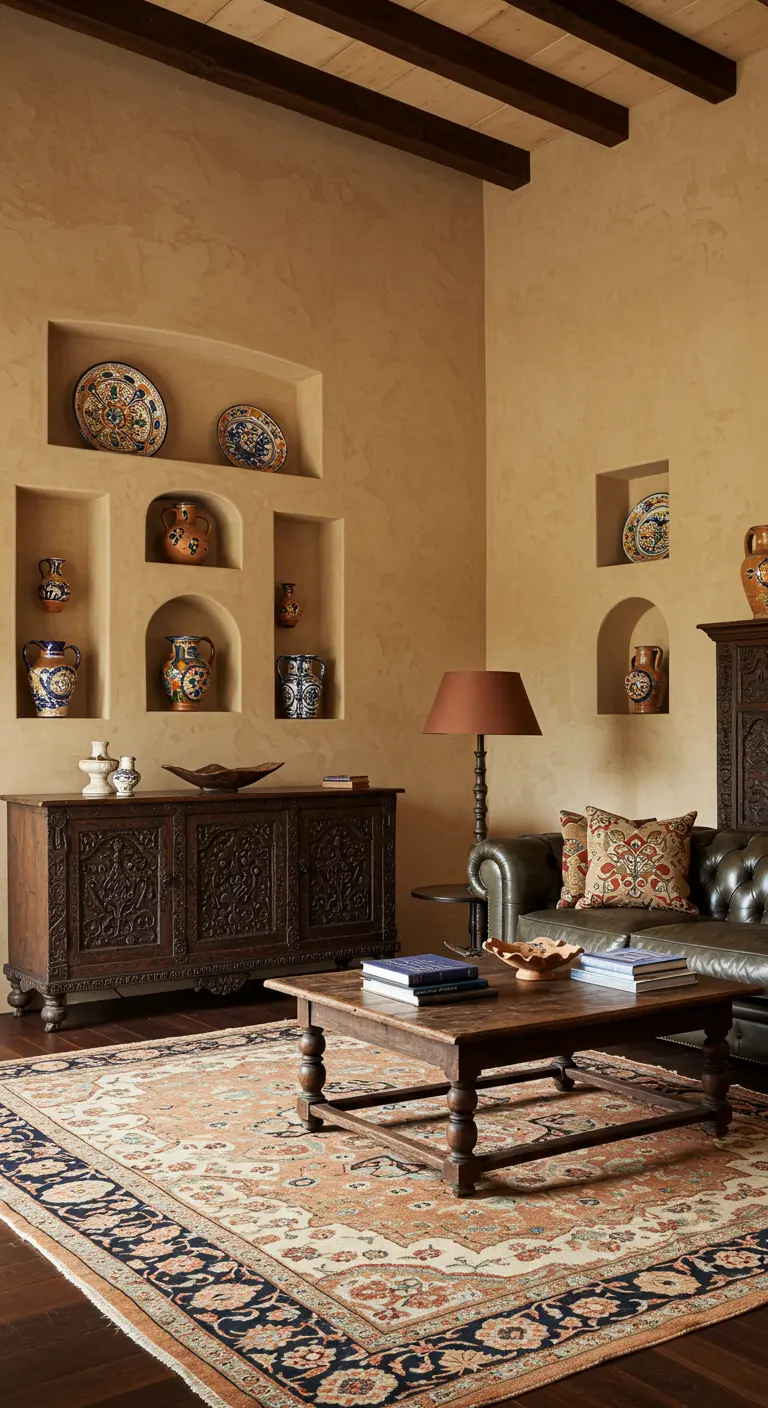 Woonkamer met okergele muren en ingebouwde nissen gevuld met kleurrijk, handbeschilderd keramiek en een donkerhouten dressoir.