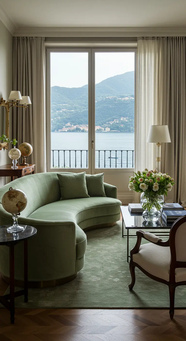 Elegante woonkamer met gebogen groene bank, uitzicht op meer, en klassieke decoraties.