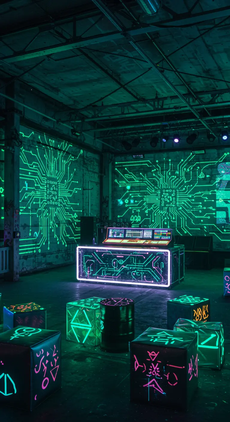 Industriële ruimte met groene projectie van een printplaat.