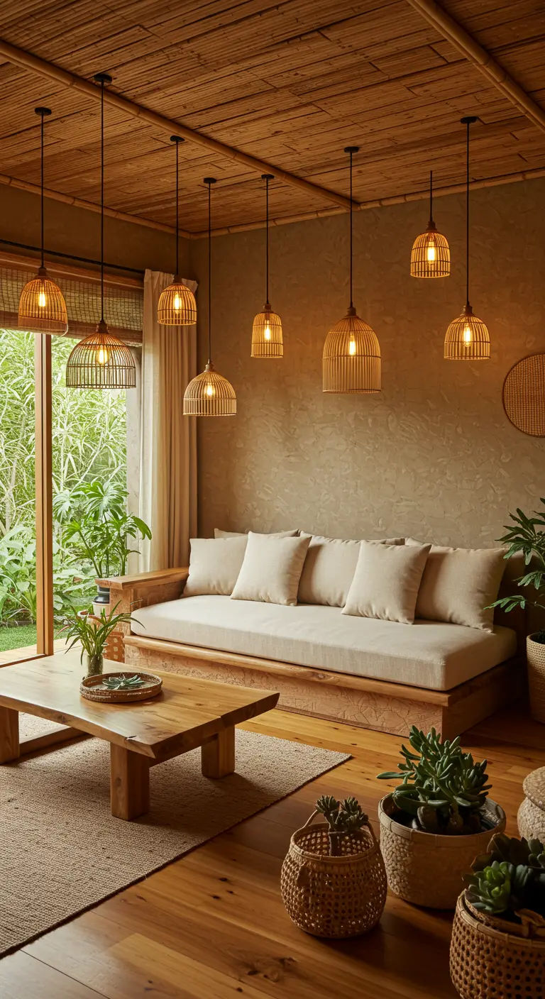 Woonkamer met houten dagbed, rotan hanglampen en veel planten