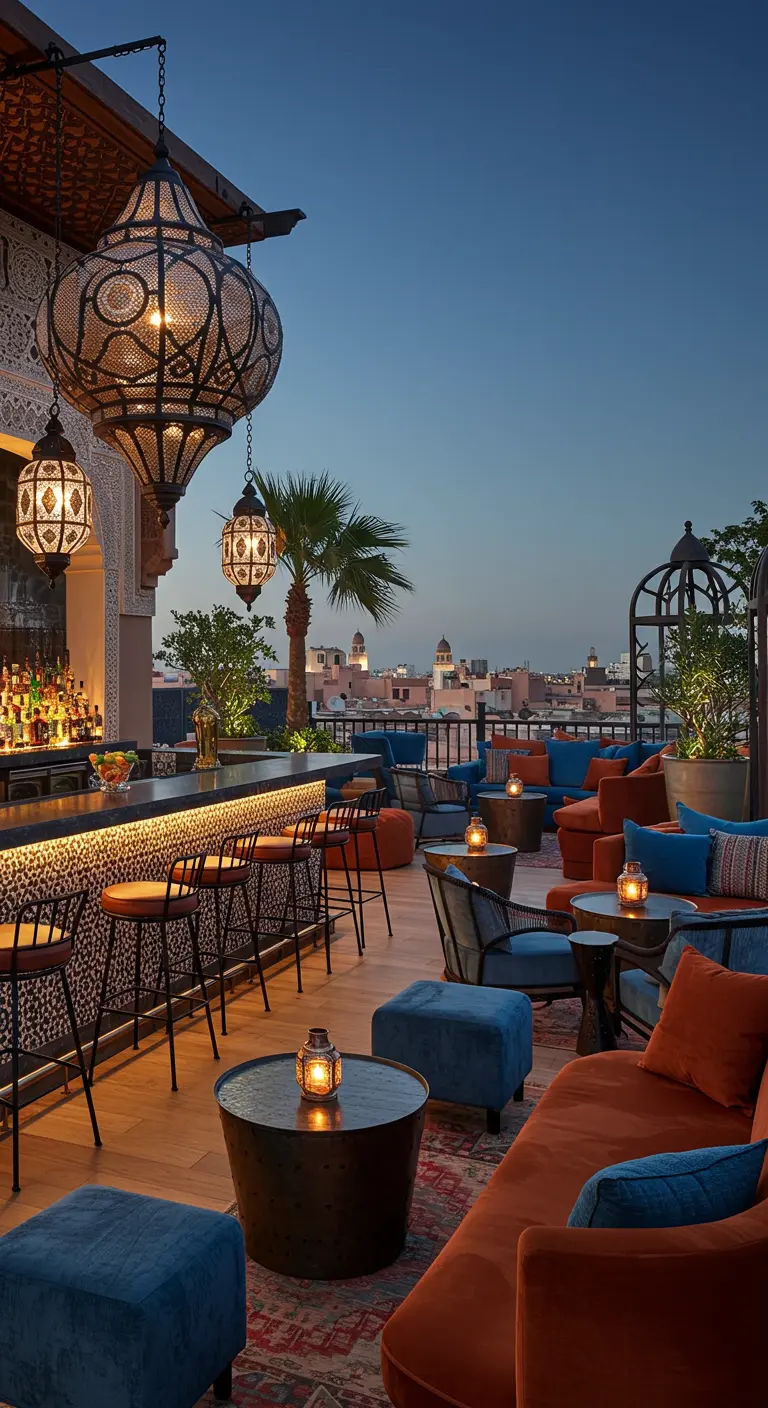 Luxe dakterrasbar bij zonsondergang met stadszicht, Marokkaanse lantaarns en comfortabele lounge meubels.