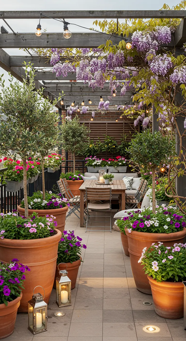 Dakterras met houten pergola, eettafel, grote terracotta potten en bloeiende planten.