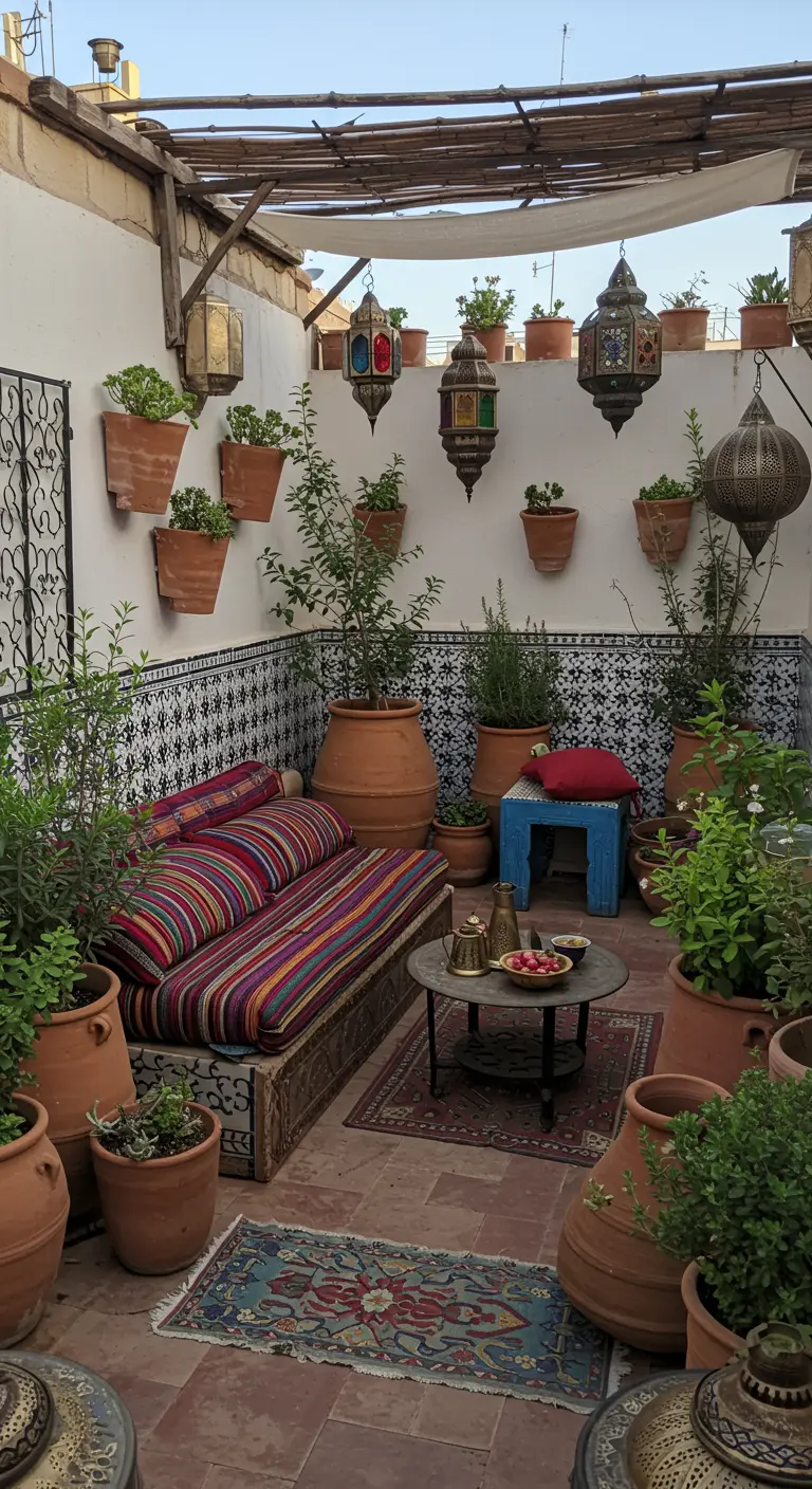 Dakterras met mozaïektegels, veel planten in terracotta potten, kleurrijke loungebank en oosterse lantaarns.