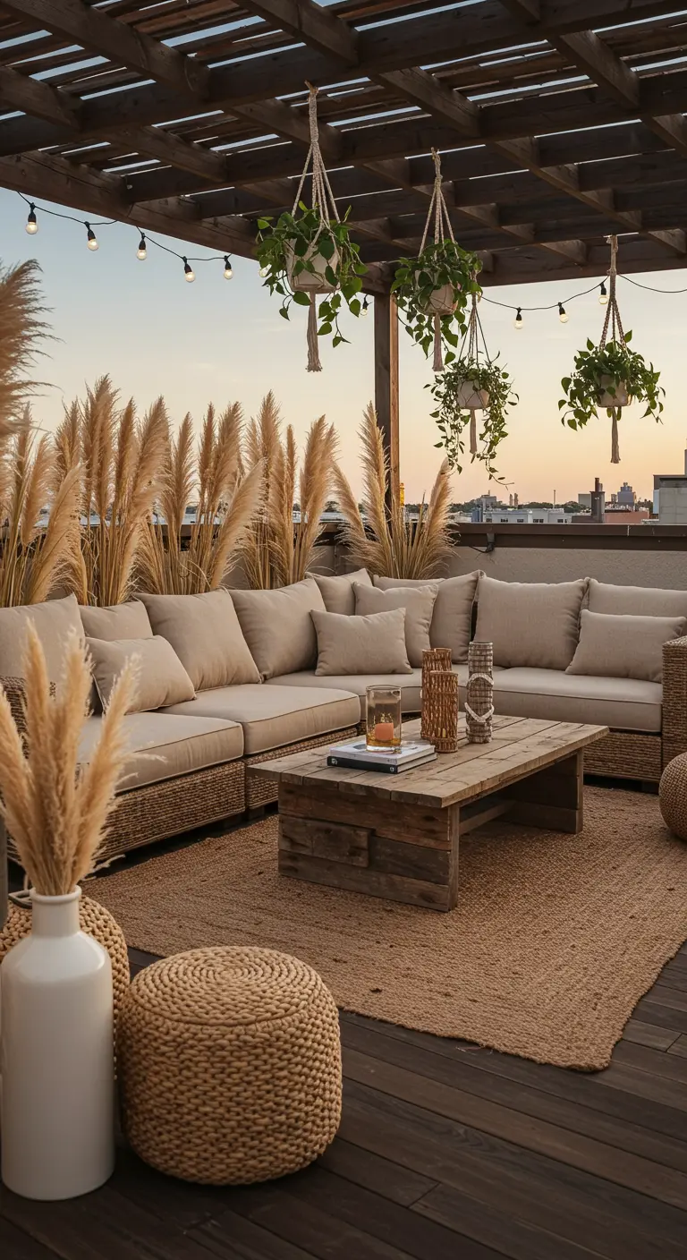 Dakterras in boho-stijl met grote loungebank, pampasgras en hangplanten.