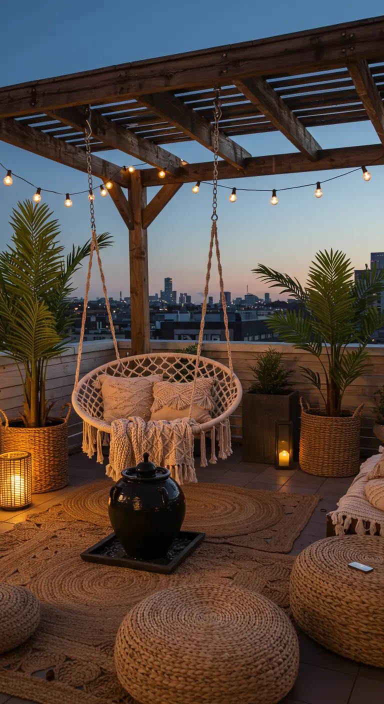 Macramé hangstoel op een dakterras met jute kleden, poefs en een pergola met lichtjes.