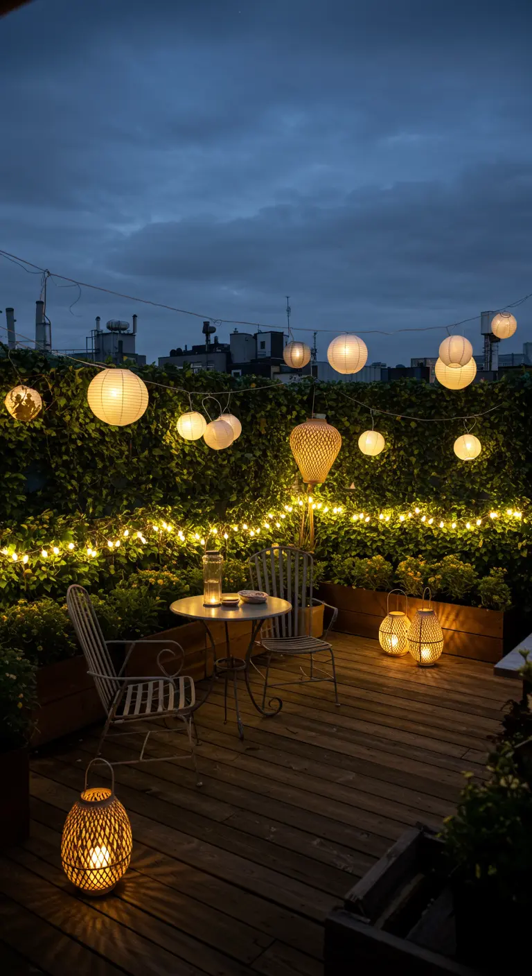 Dakterras met lichtslingers, lampionnen en een groene wand van klimplanten.