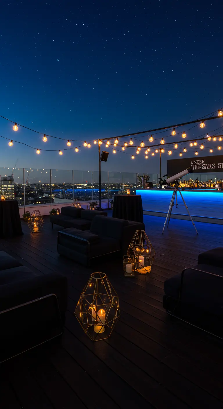 Dakterras bij nacht met loungebanken, prikverlichting, lantaarns en een telescoop bij de bar.