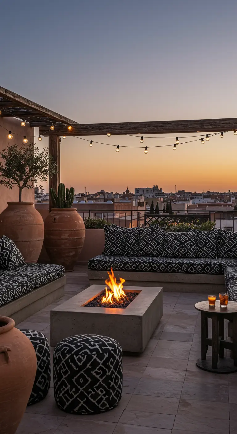 Modern dakterras met loungebank, vuurplaats en uitzicht over de stad bij zonsondergang.