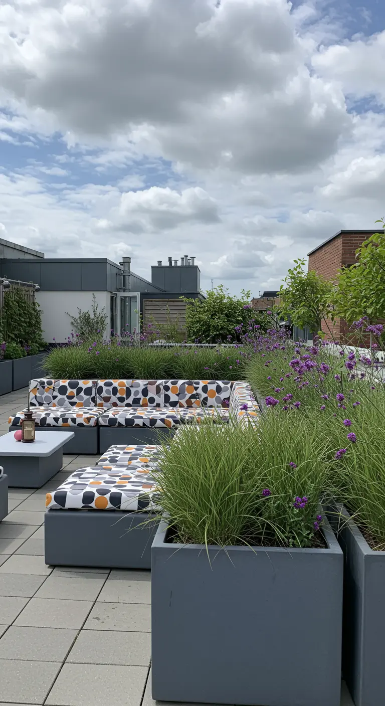 Modern dakterras met een grijze loungeset voorzien van kussens met een grafische retroprint.