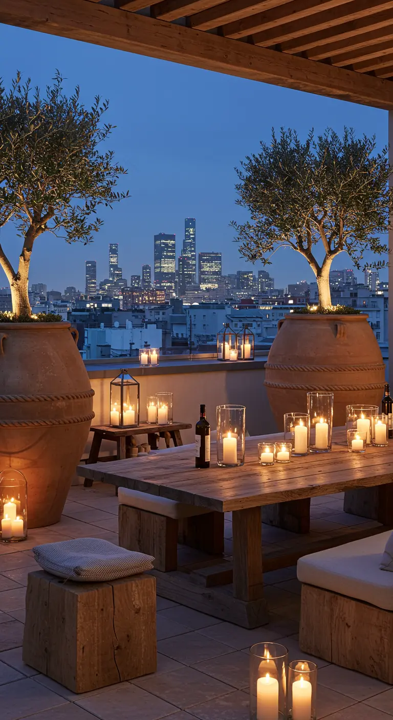 Dakterras met uitzicht op de stad, grote olijfbomen in potten en een houten tafel met kaarsen.