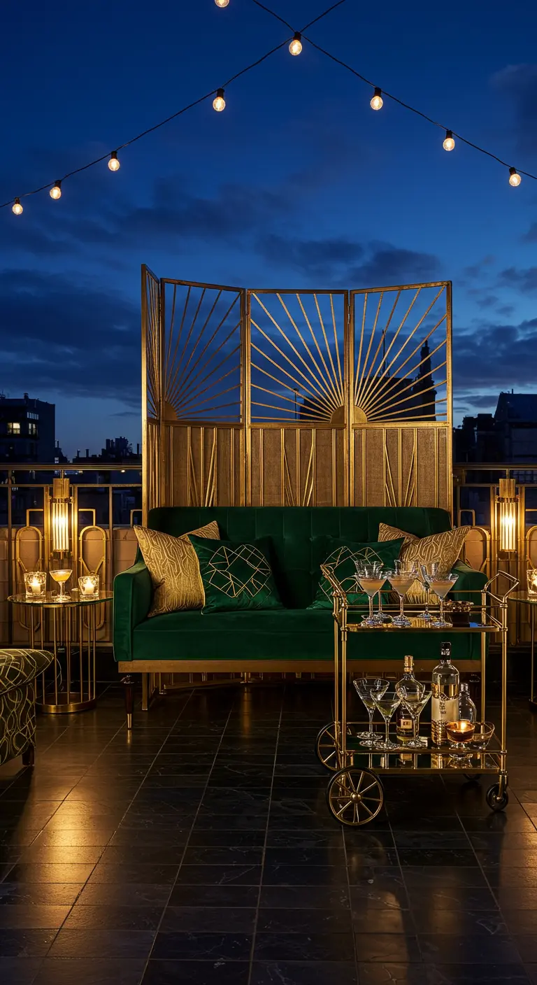 Luxe dakterras met gouden Art Deco-scherm, groene fluwelen bank en cocktailtrolley.