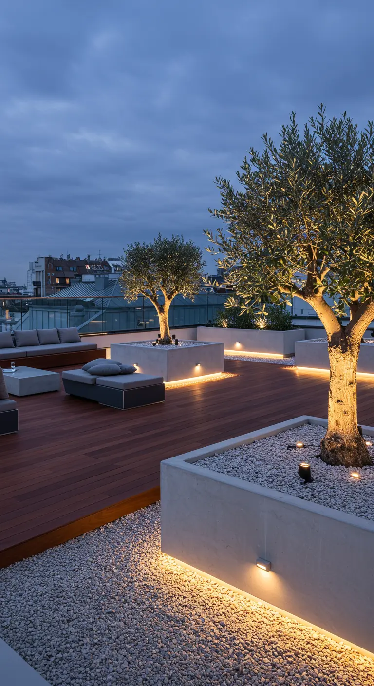 Luxe dakterras met houten vlonder, loungebanken en witte plantenbakken met verlichte olijfbomen.
