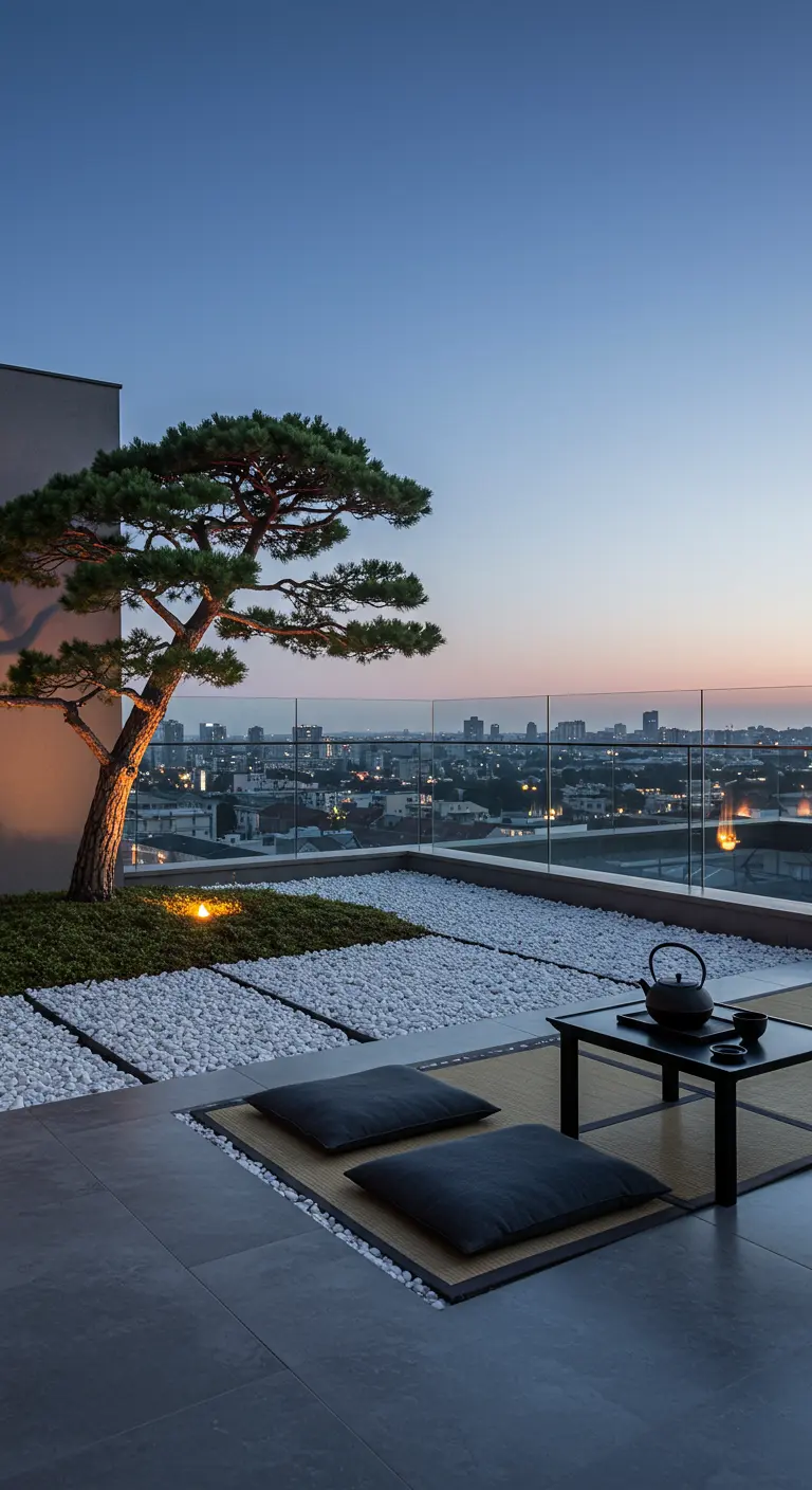 Modern dakterras met lage zitjes op tatami-matten en een grote pijnboom-bonsai.
