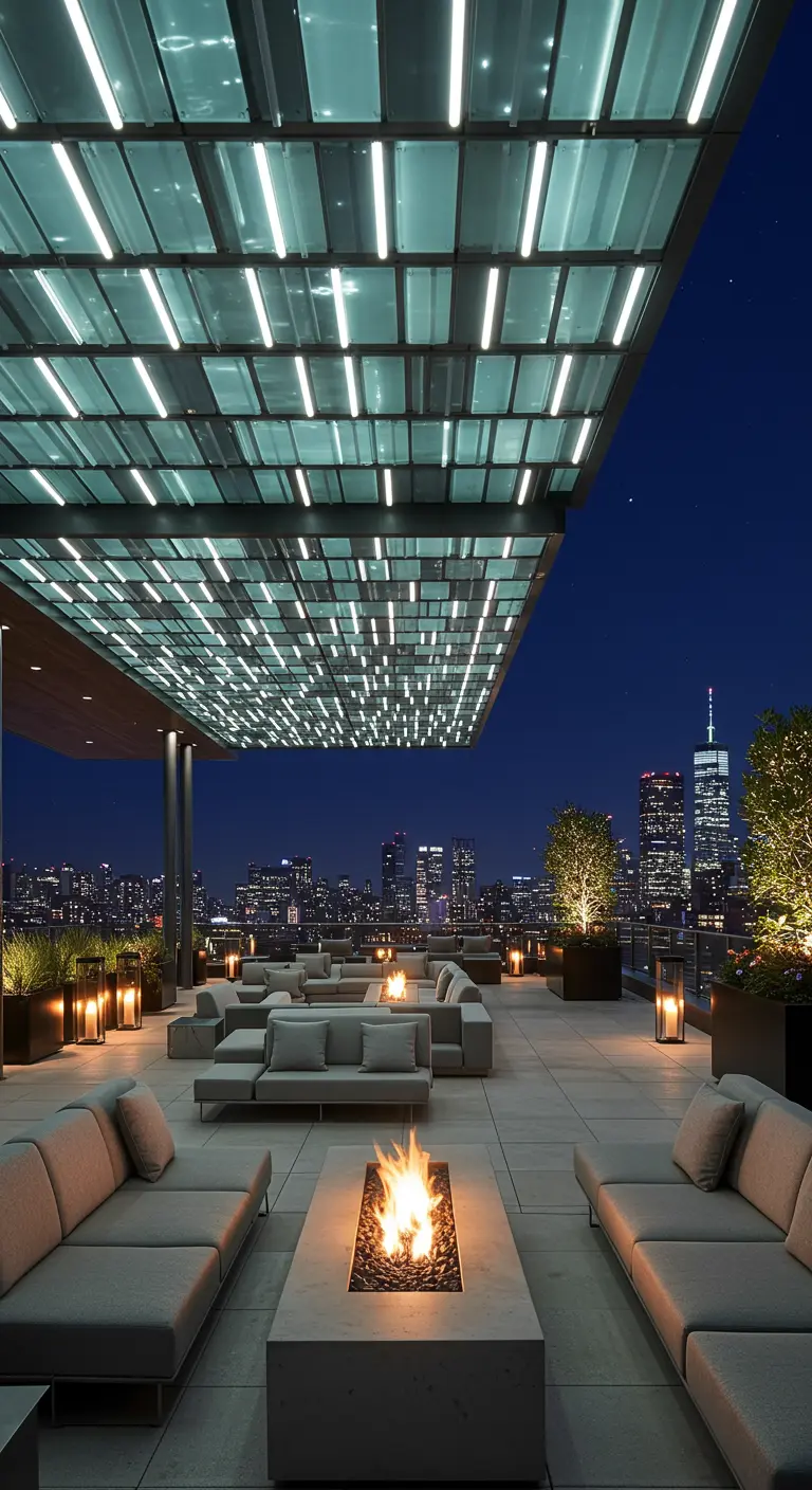 Luxueus dakterras met loungebanken en vuurplaats, overdekt door een modern glazen dak met ingebouwde lichtbanen.