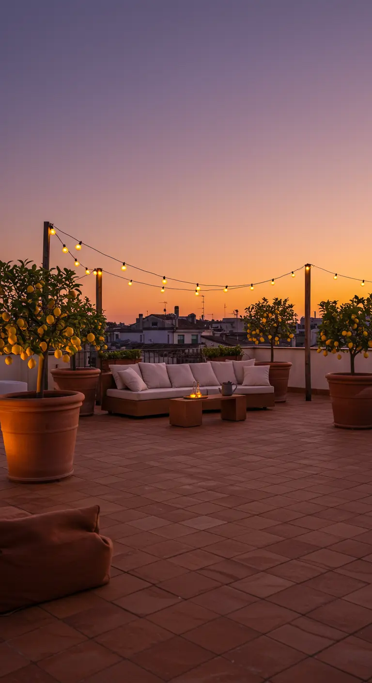 Dakterras bij zonsondergang met lichtslingers, loungebank en citroenbomen
