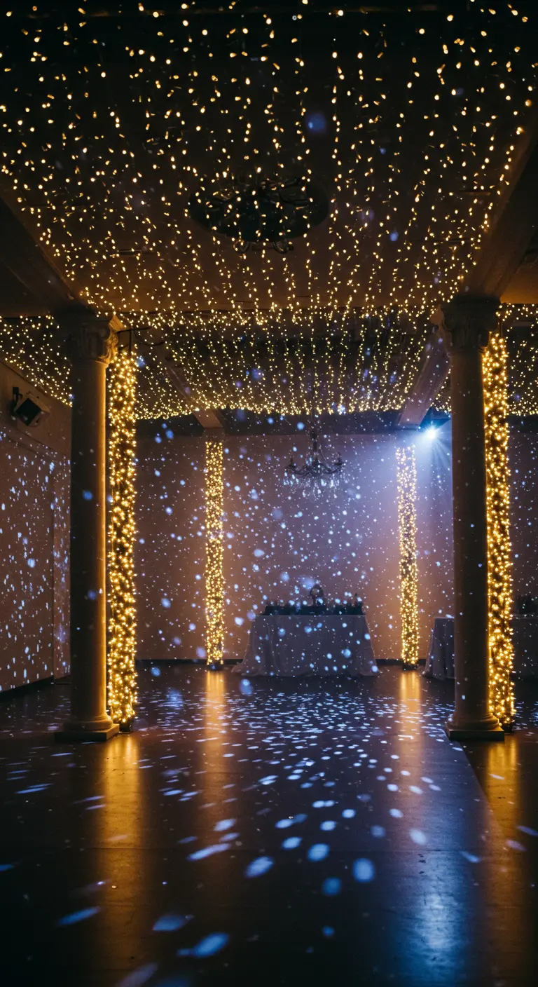 Dansvloer met een plafond vol lichtjes en geprojecteerde lichtvlekken op de grond.