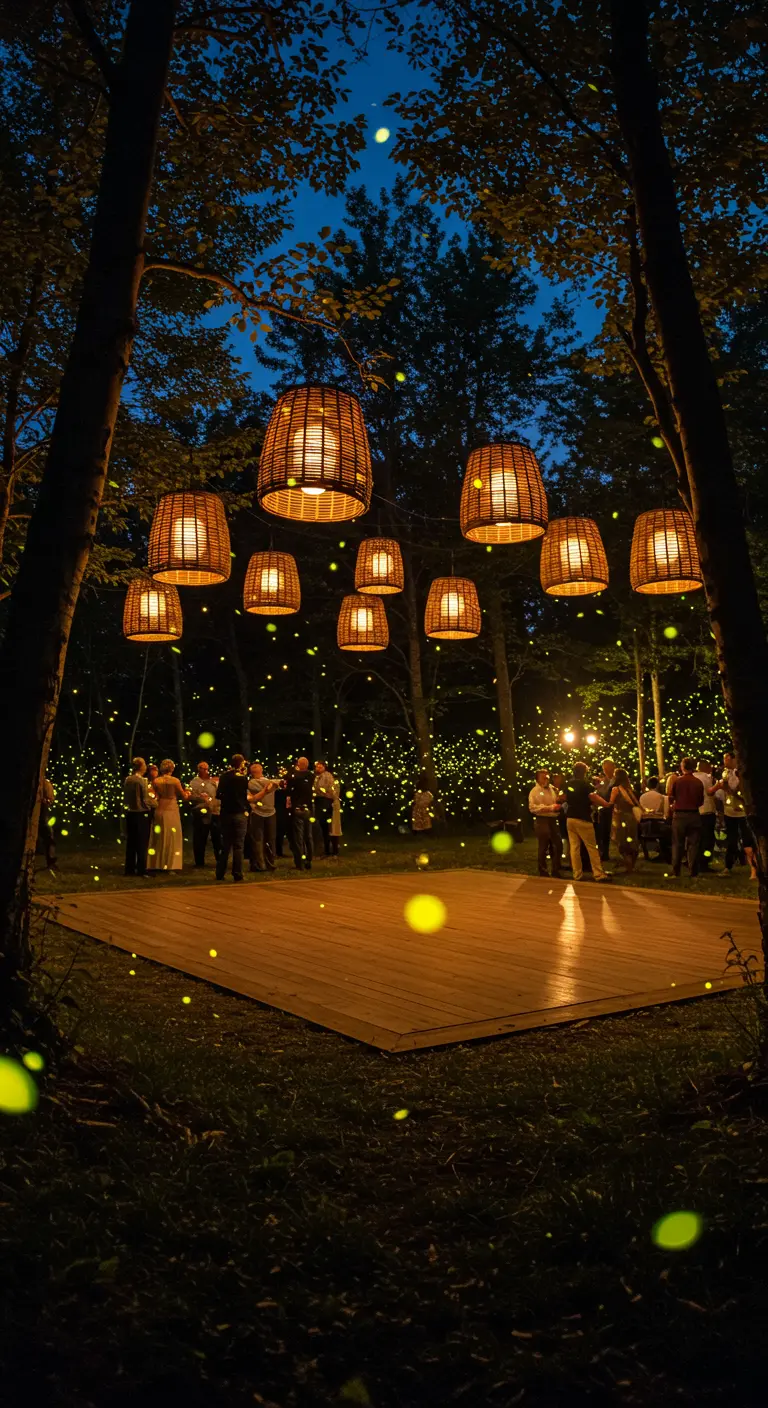 Dansvloer in het bos met hangende rotan lantaarns en lichtjes als vuurvliegjes.