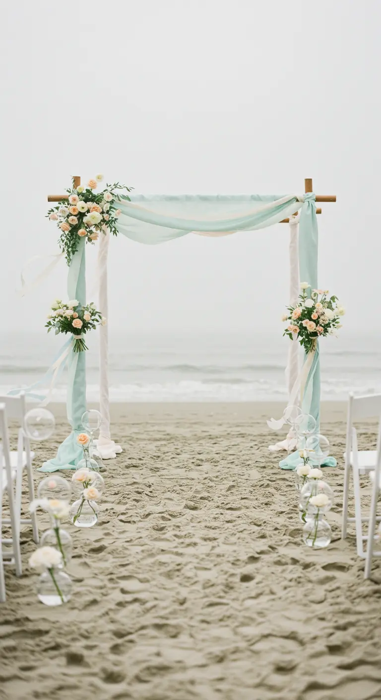 Trouwboog op het strand, gedrapeerd met lichtgroene, wapperende stof en zachte bloemen.