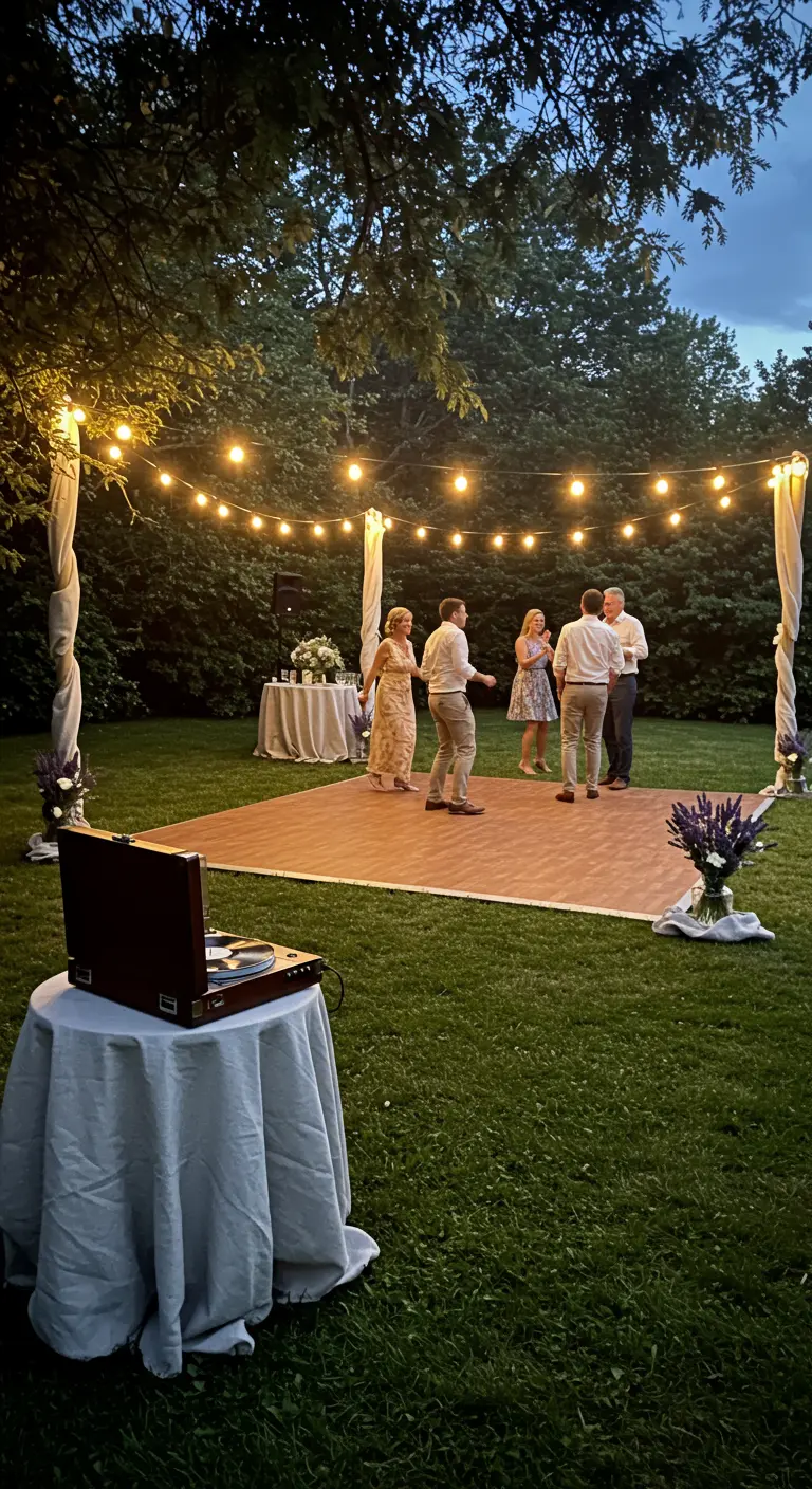 Tijdelijke dansvloer in een tuin, omringd door palen met linnen en sfeerlampjes.