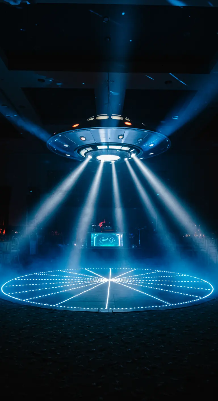 Een UFO-object met lichtstralen boven een ronde, verlichte dansvloer.