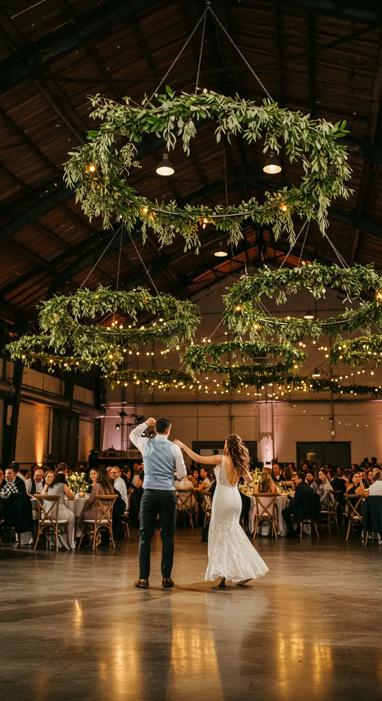 Bruidspaar danst onder grote, hangende kransen van groen met lichtjes erin.
