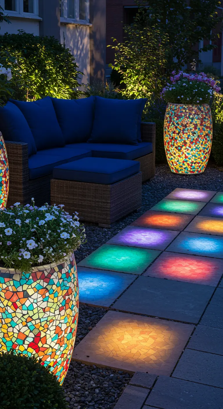 Tuinpad met gekleurde, oplichtende tegels en grote, verlichte mozaïek bloempotten.