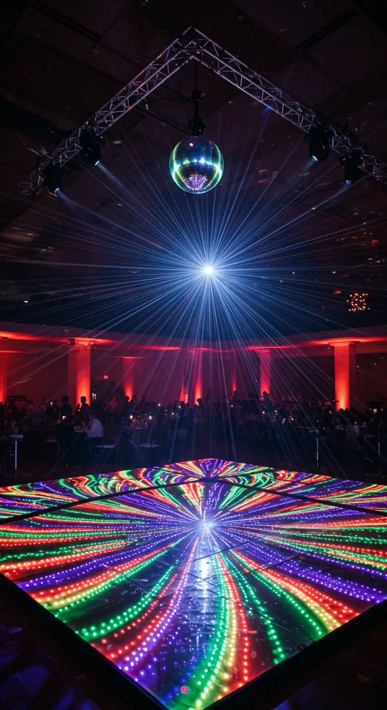 Verlichte LED-dansvloer met regenboogkleuren en een discobal erboven.