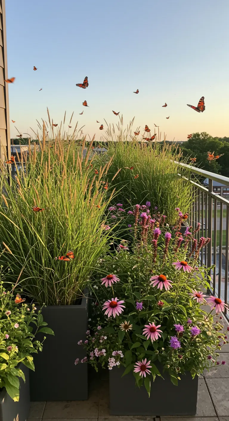 Balkon met hoge siergrassen en roze bloemen bij zonsondergang, met veel vliegende vlinders.