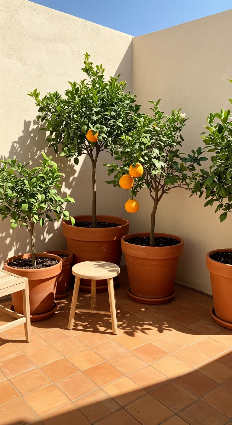 Zonnig terras met terracotta potten en tegels, met sterke schaduwen van de planten.