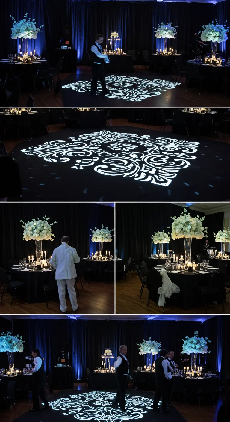 Collage van een bruiloftsreceptie met een oplichtend patroon op de vloer.