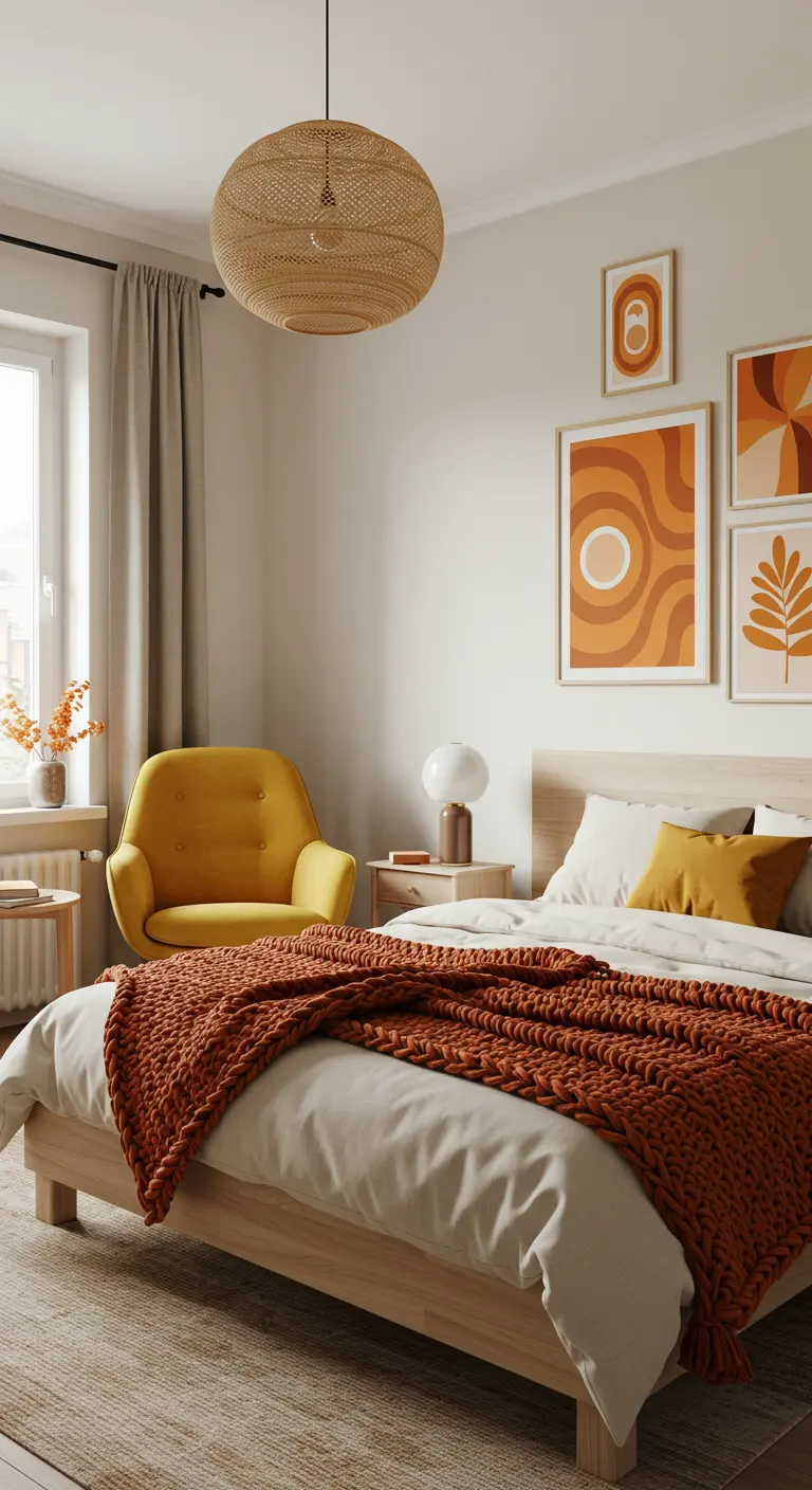 Lichte slaapkamer met witte muren, gele stoel en terracotta plaid.