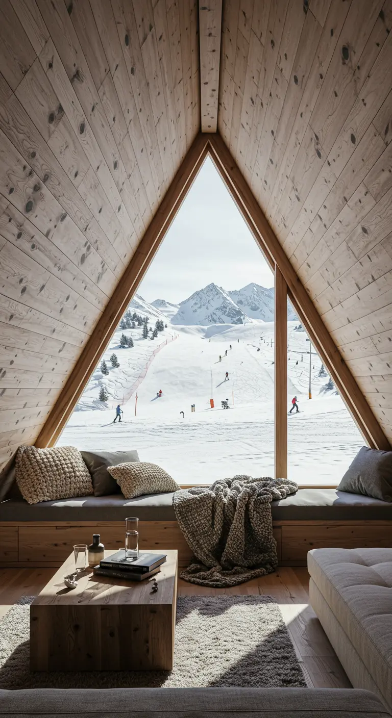 Raamzitplek in een A-frame huis met uitzicht op een skipiste.