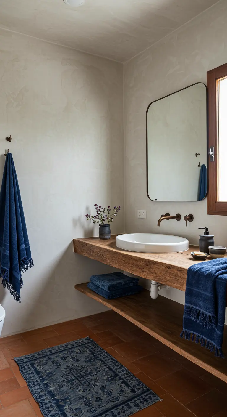 Badkamer met zandkleurige kalkmuren, houten plank als wastafel en donkerblauwe handdoeken.