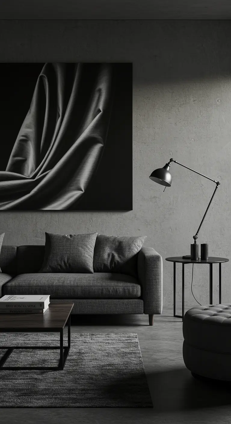 Grijze monochrome woonkamer met een betonnen muur en een groot zwart-wit kunstwerk van gedrapeerde stof.