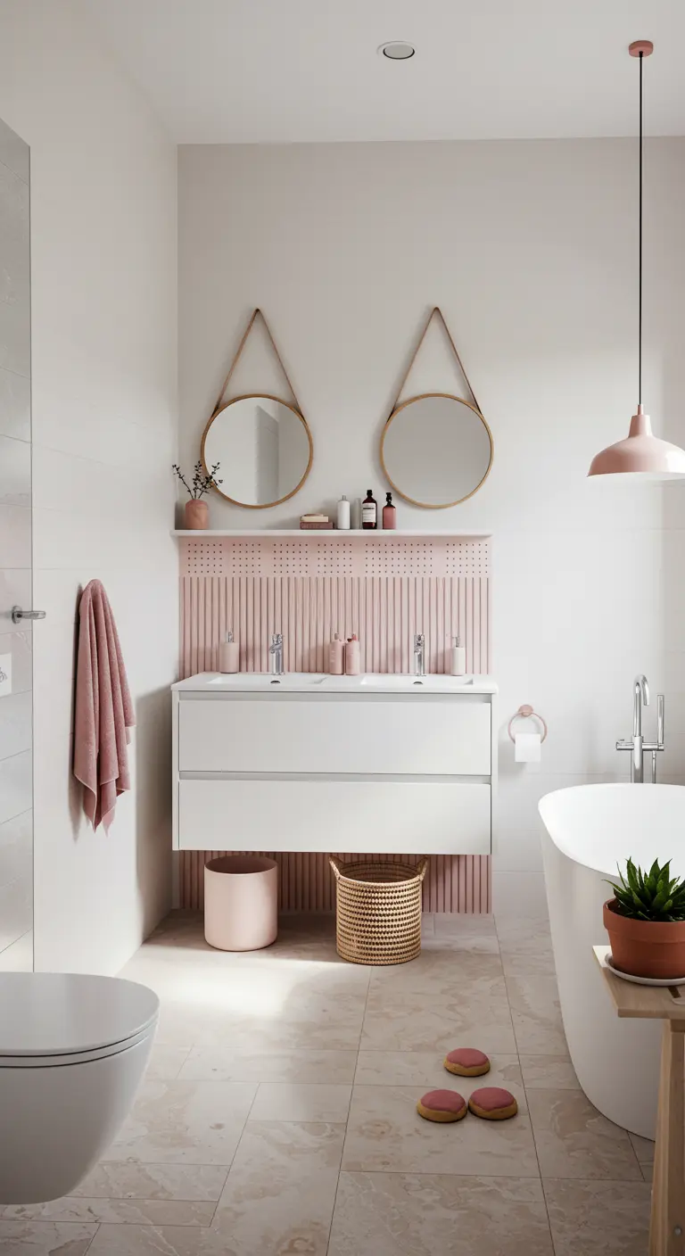 Lichte badkamer met een roze lattenwand achter een wit zwevend wastafelmeubel.