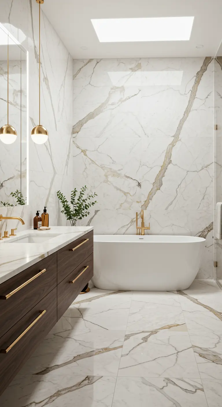 Badkamer met wit marmer met gouden aders, donkerhouten meubel en gouden hanglampen.