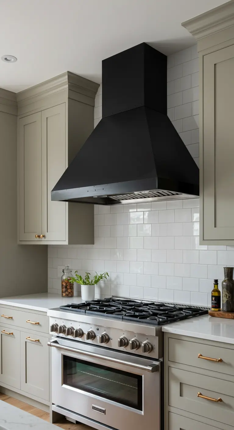 Stijlvolle keuken met een grote, matzwarte afzuigkap als blikvanger boven het fornuis.