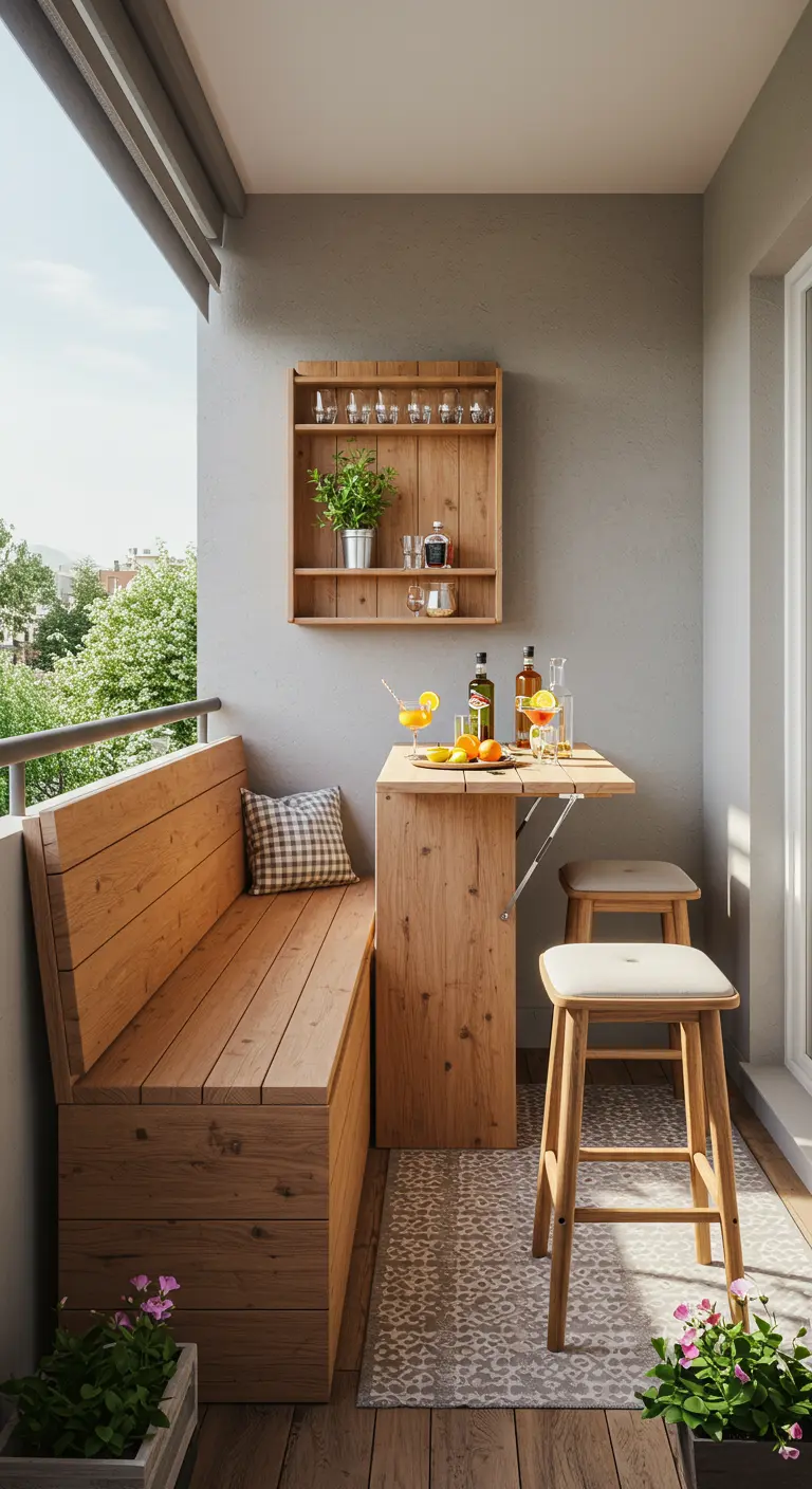 Houten opbergbank gecombineerd met een compacte uitklapbare bartafel en krukjes op een balkon.