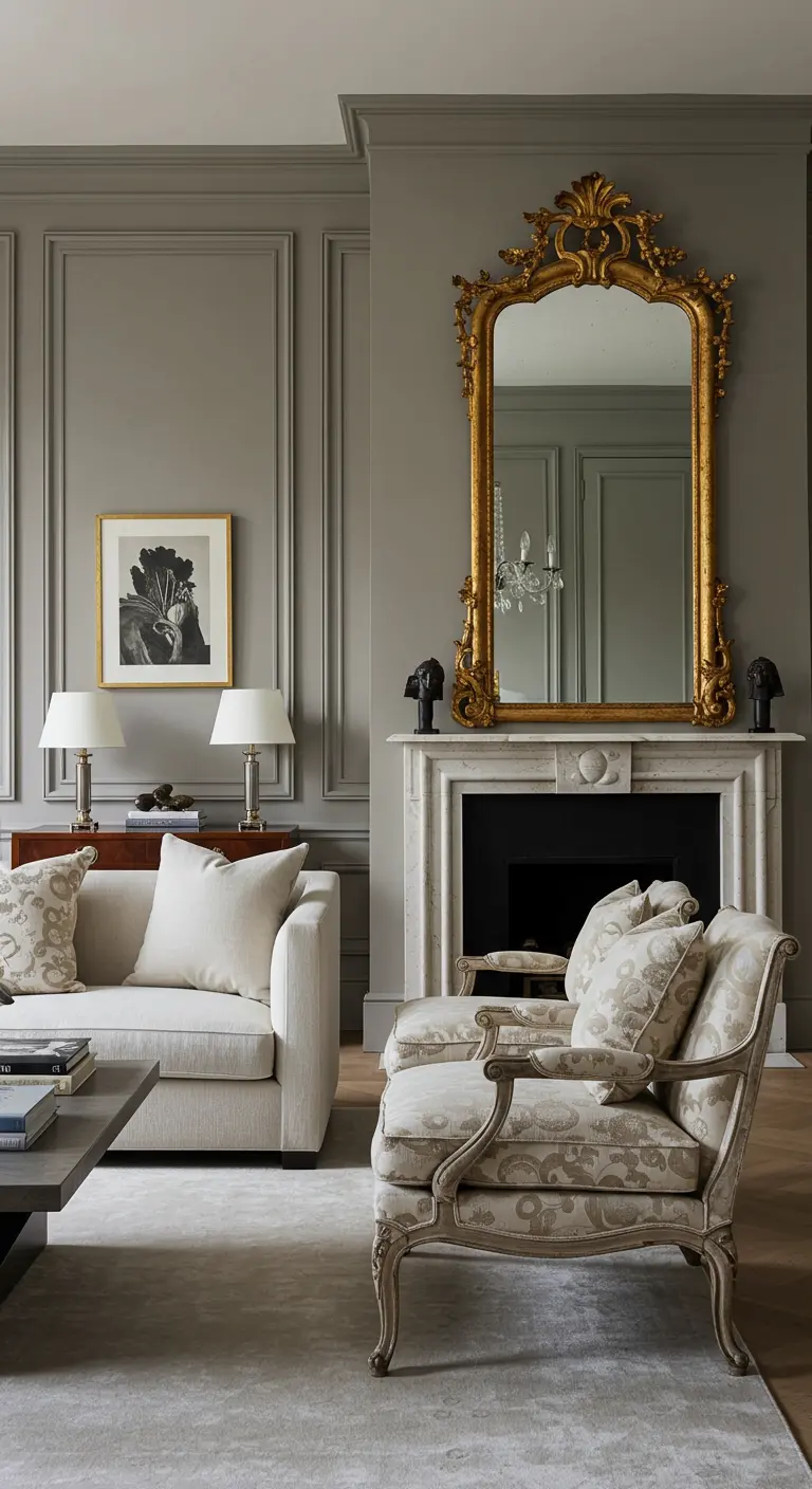 Klassieke woonkamer met grijze lambrisering, marmeren schouw en grote gouden spiegel.