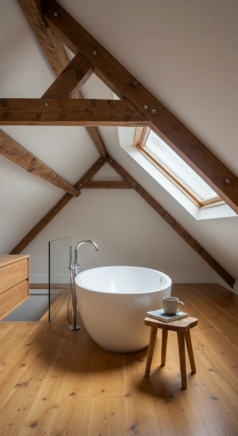 Zolderbadkamer met een vrijstaand bad onder een dakraam, omgeven door zichtbare houten dakbalken.