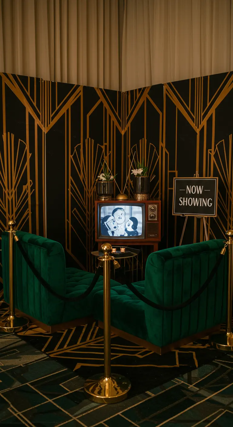 Kinderbioscoop in Art Deco-stijl met groene fluwelen stoelen en een retro-tv.