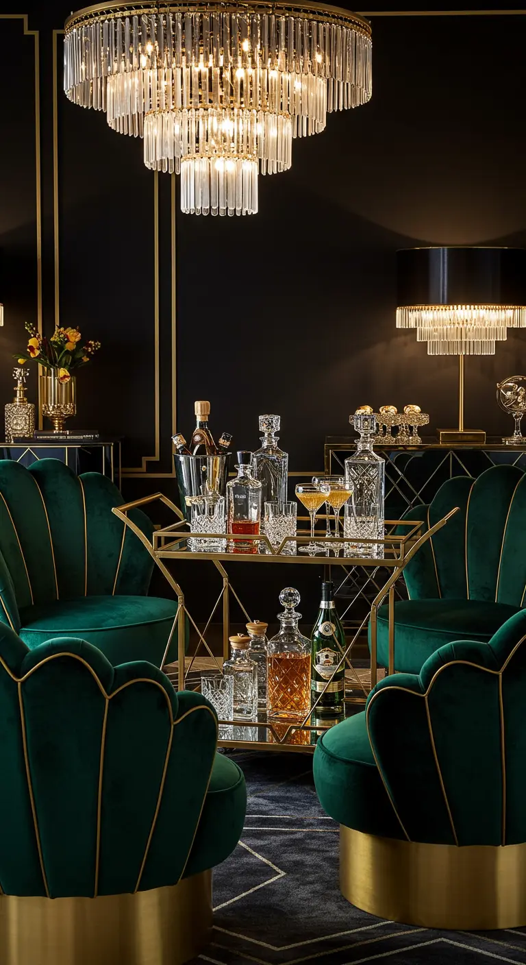 Luxe Art Deco lounge met smaragdgroene fluwelen stoelen en een gouden drankentrolley.