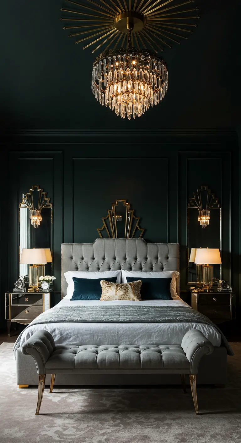 Luxe slaapkamer met donkergroene muren, zwart plafond en een grote gouden kristallen kroonluchter.