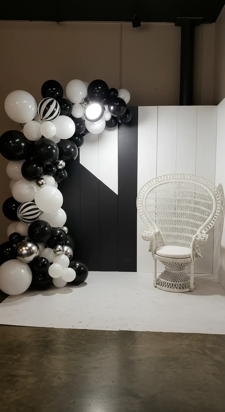 Fotobooth-hoek met een zwart-witte ballonnenboog en een witte pauwenstoel.
