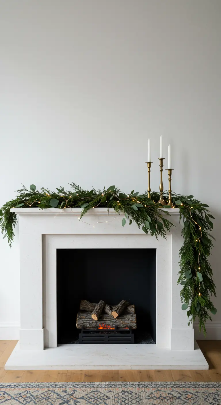 Witte schouw met een asymmetrische groene guirlande met lichtjes en gouden kandelaren.